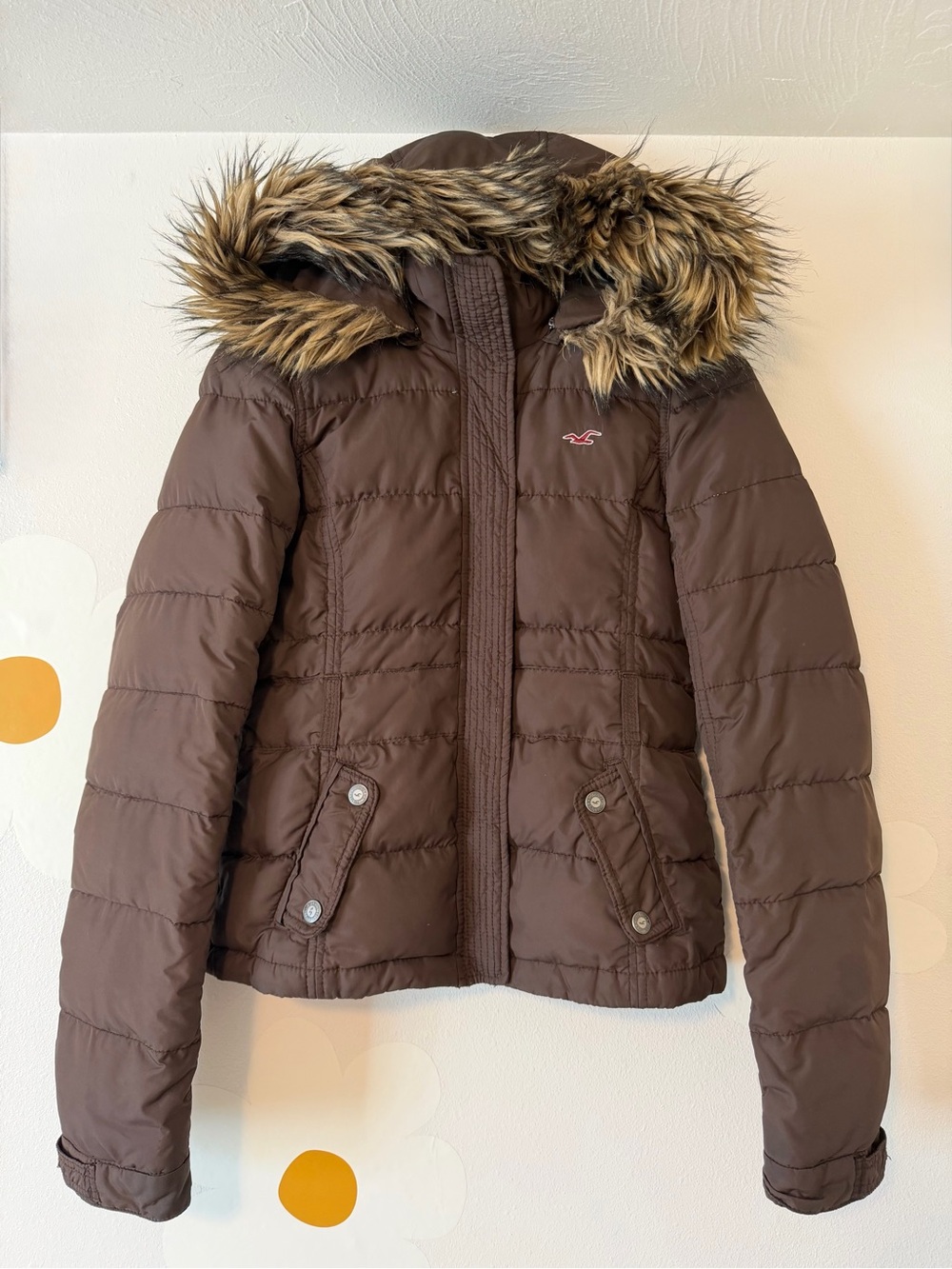 EUC Vintage Y2K Hollister Chocolate Brown Quilted Down Puffer with Faux-Fur Hood
